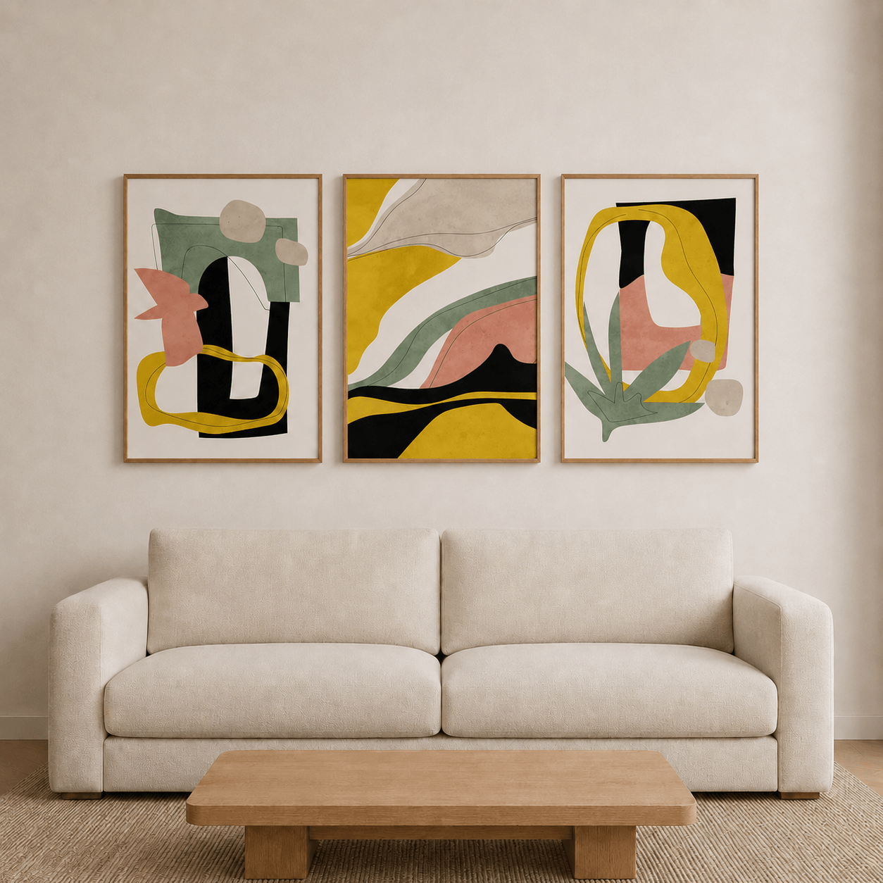 KIT 3 QUADROS DECORATIVOS -  ABSTRATO PRETO AMARELO E ROSA